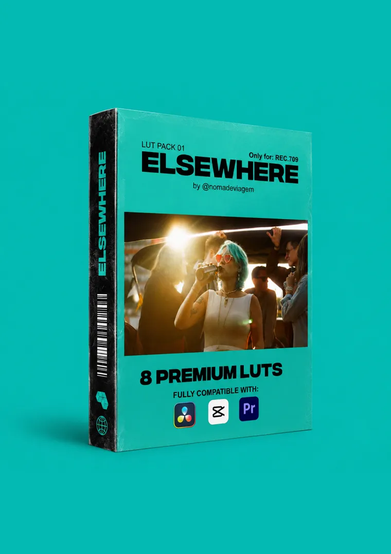 ELSEWHERE LUT Pack 01 box art: 8 premium LUTs, fully compatible with DaVinci Resolve, CapCut and Premiere Pro, for Rec.709